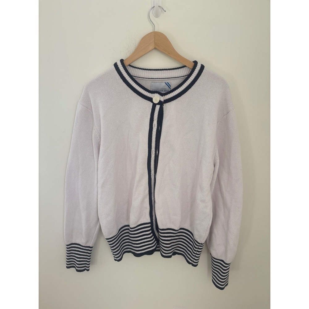 Addison Bay White Navy Striped Cotton Cardigan Sweater XL Nautical Preppy